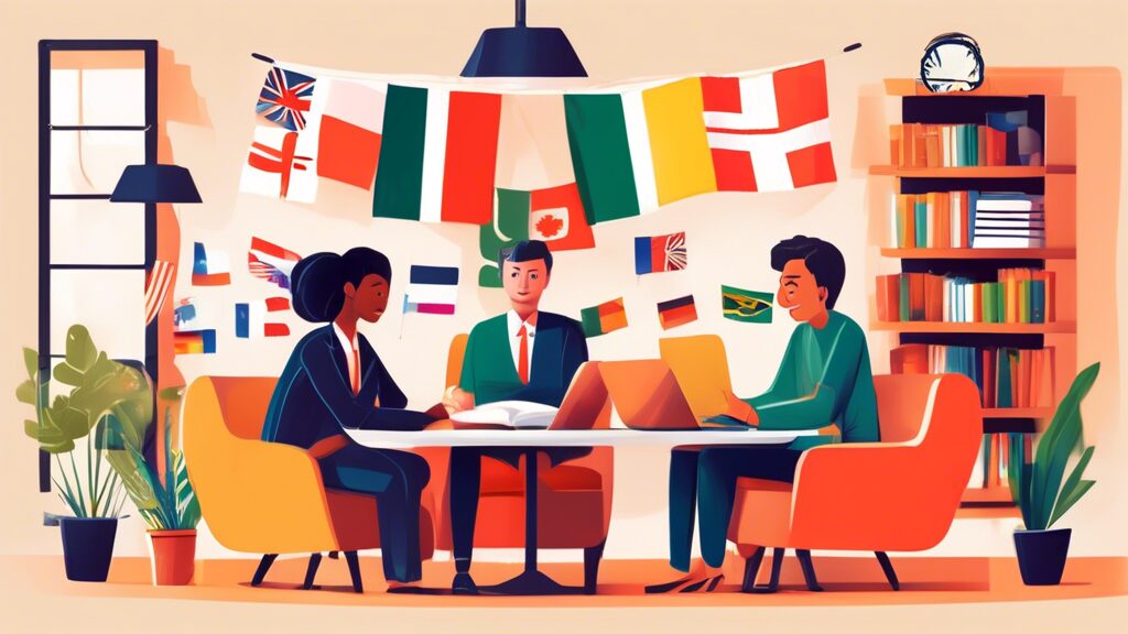 Cozy meeting between a small business owner and a diverse team of translators from a local translation service agency, illustrated in a warm, inviting office setting with flags from various countries