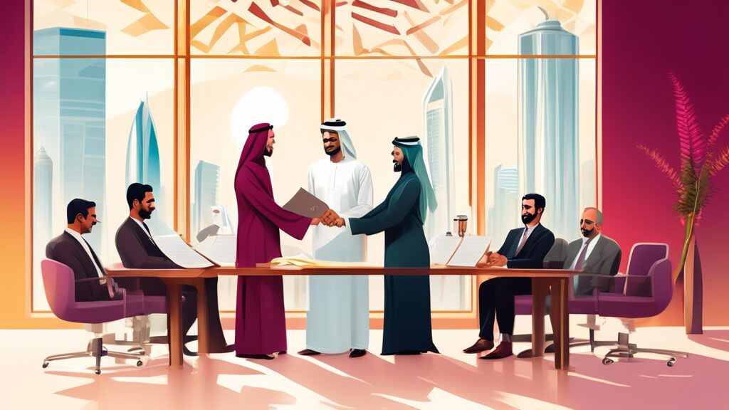 An elegant and serene office setting in Qatar where a diverse group of people are smiling and shaking hands over a marriage certificate, showcasing cultural unity and legal assurance, with Qatari land