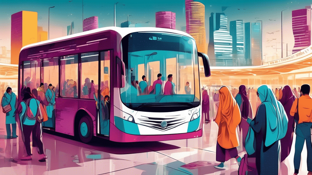 An illustration of a modern, bustling bus station in Qatar with a diverse group of people studying the Karwa Bus Manual, featuring a detailed map of the bus routes and digital timetables in the backgr