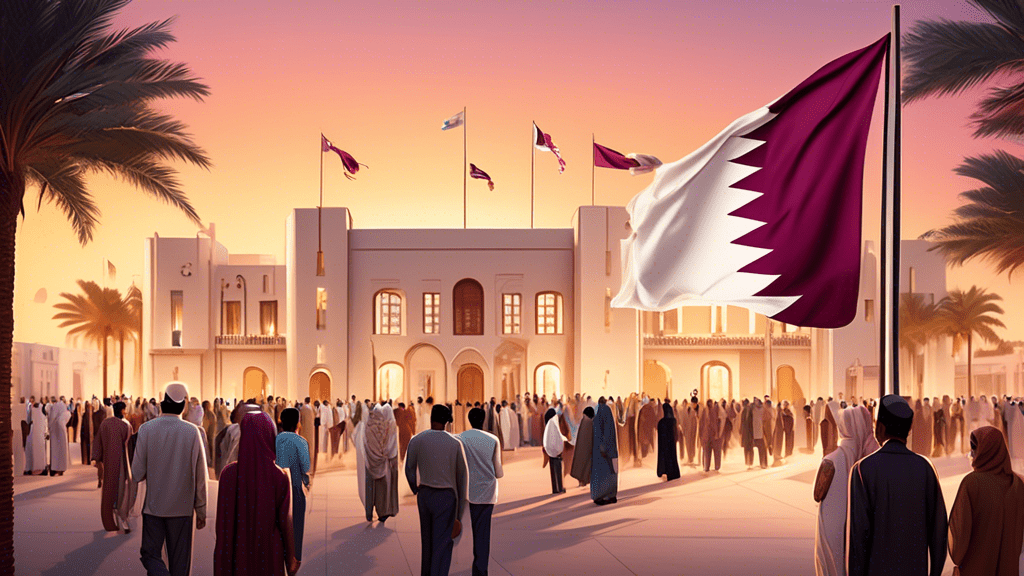 An artistically detailed illustration showing a bustling embassy quarter in Qatar, with people of diverse nationalities entering various embassies, each represented by their country’s flag. A tranquil