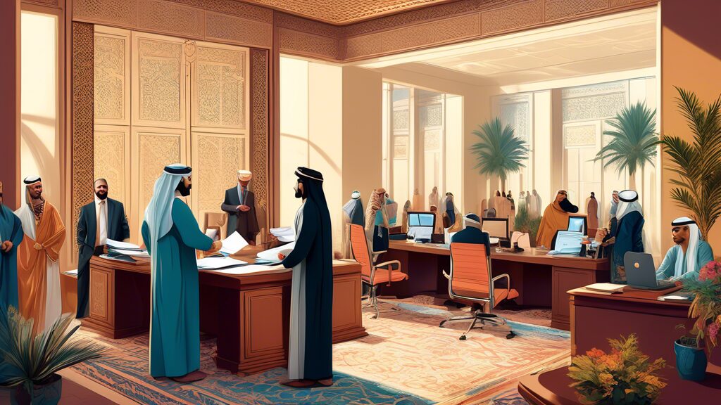 An intricate office scene depicting a busy Middle Eastern embassy with people of diverse backgrounds submitting documents and interacting with staff for MOFA attestation in Qatar, emphasizing a modern