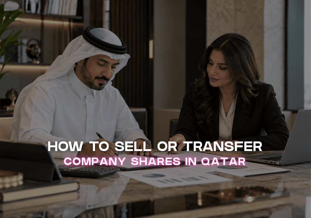 Business partners reviewing documents for a company share transfer in Qatar