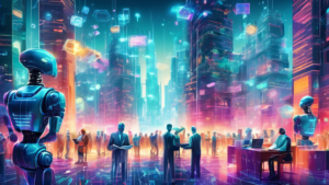 An intricate digital artwork of a bustling futuristic cityscape, featuring robots and humans working together to organize and manage large, glowing holograms of legal documents and compliance forms, s