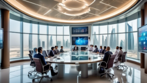 A bustling corporate office in Doha, Qatar, featuring a modern, glassy boardroom with a large digital screen displaying global market trends. The scene shows a diverse group of executives and advisors