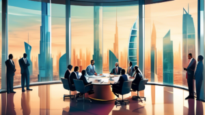 An ultra-modern conference room scene depicting a diverse group of corporate advisors and clients discussing in Dubai, with the skyline of Abu Dhabi visible through large panoramic windows, illustrati
