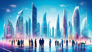 A digital illustration of a futuristic cityscape in Qatar with diverse business people discussing and pointing at holographic displays of various business frameworks, highlighting intricate designs an
