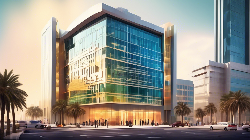 An elegant, modern office building in downtown Doha, Qatar, with a professional services company logo displayed prominently on its facade, bustling with multicultural business professionals interactin