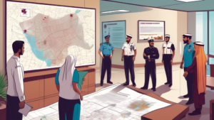 An informative office setting with a diverse group of people standing around a large, detailed map of Qatar, pointing at various police stations marked on the map. Each person is holding documents and