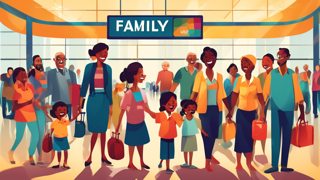 An emotional airport reunion scene depicting different generations of a family joyfully greeting each other, with diverse ethnicities represented and a large welcome sign that says 'Family Visit Visa