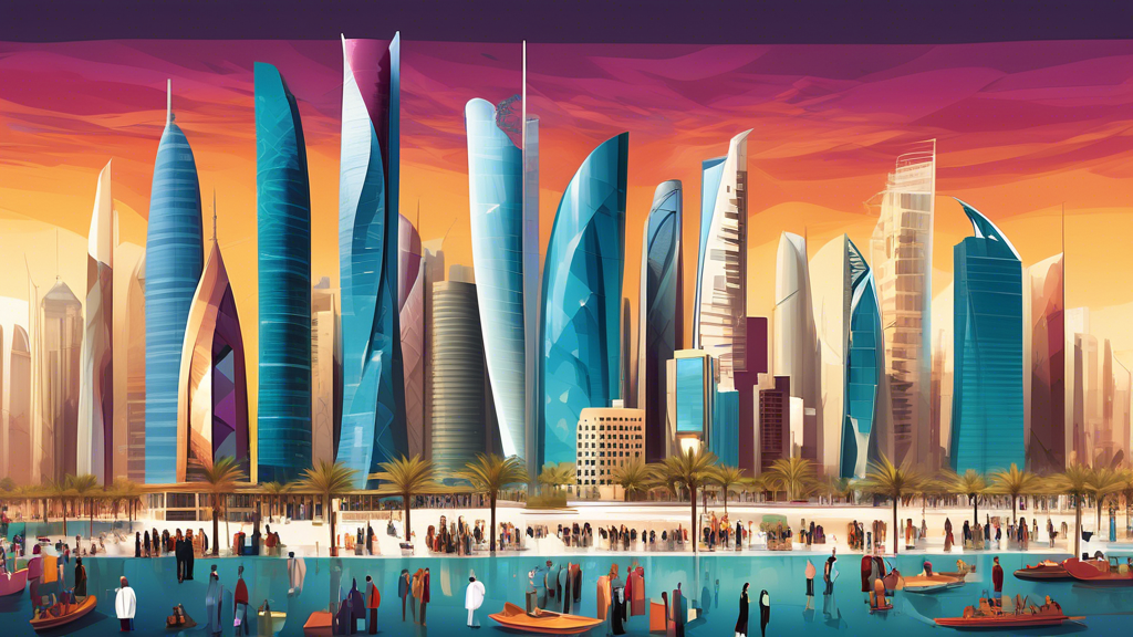 An artistic representation of a bustling, modern business district in Doha, Qatar, showcasing a mix of futuristic skyscrapers, traditional Qatari architecture, and diverse businesspeople of various et