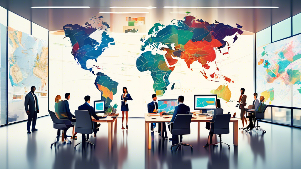 A sleek, modern office environment with a diverse group of professionals collaboratively working around a large table, discussing documents and digital displays showcasing various global maps and visa