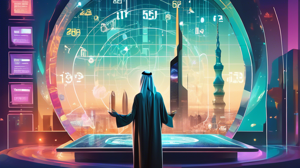 An artistic depiction of a busy Saudi business owner interacting with the QIWA portal on a futuristic, holographic interface, surrounded by iconic landmarks of Saudi Arabia, such as the Kingdom Tower