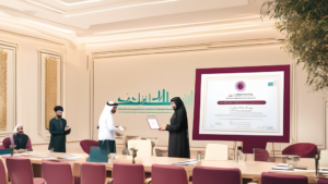 A serene office setting in Qatar with a diverse group of people happily processing educational certificates, featuring a large, clear sign that reads 'Certificate Attestation Simplified' in both Arabi