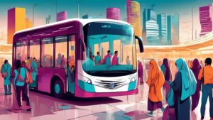 An illustration of a modern, bustling bus station in Qatar with a diverse group of people studying the Karwa Bus Manual, featuring a detailed map of the bus routes and digital timetables in the backgr