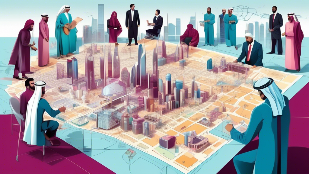 An illustrated map of Qatar highlighting key business districts and cultural symbols, with diverse entrepreneurs discussing plans over a blueprint at a modern, glass table, in a style that blends trad