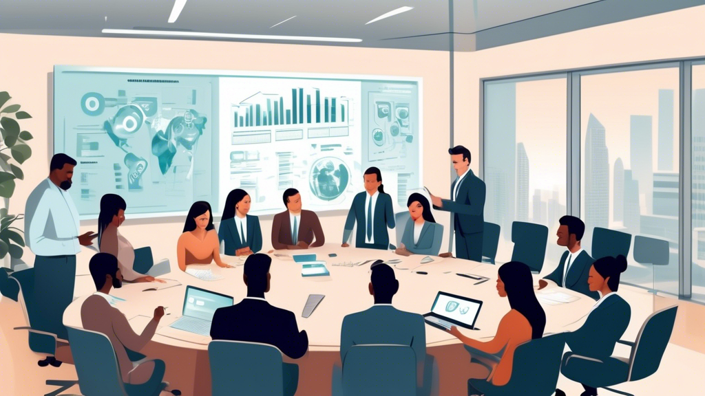 An illustration of a modern office space where diverse businessmen and businesswomen of various ethnicities, dressed in business attire, are gathered around a large conference table. They are engaged