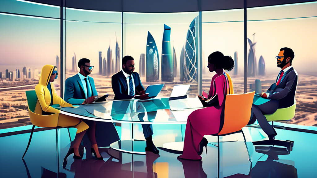A diverse group of international entrepreneurs gathered around a modern glass table in a sleek, high-tech office setting, overlooking the futuristic skyline of Doha, Qatar, brainstorming and discussin