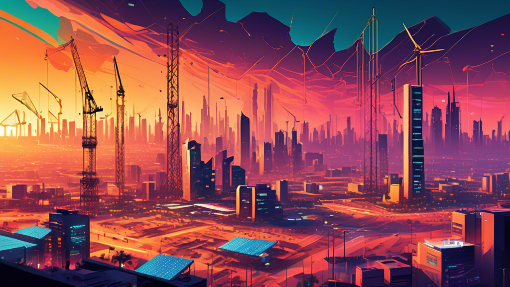 Visualize the bustling landscape of Saudi Arabia's booming industries: a futuristic city skyline under a dramatic sunset, dotted with construction cranes, bustling tech hubs, and sprawling solar farms