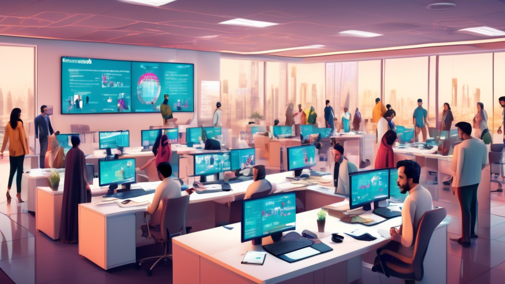 An image showing a bustling office environment in Qatar, where a diverse group of people, including immigrants, are receiving translation services from multilingual translators. The scene includes dig