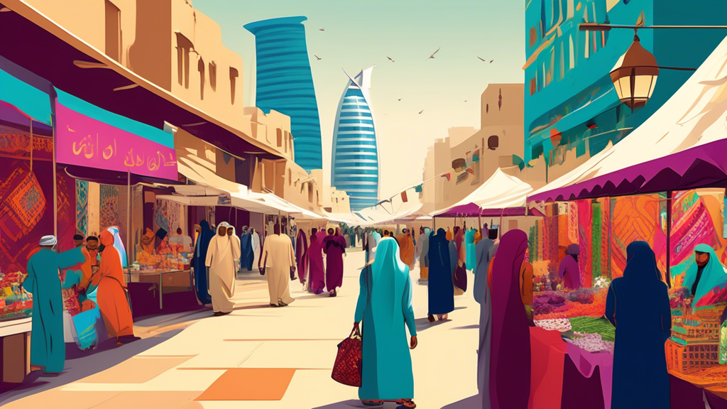 A bustling marketplace in Doha, Qatar, with diverse entrepreneurs setting up innovative and traditional businesses, featuring cultural elements like traditional Qatari attire, modern skyscrapers in th