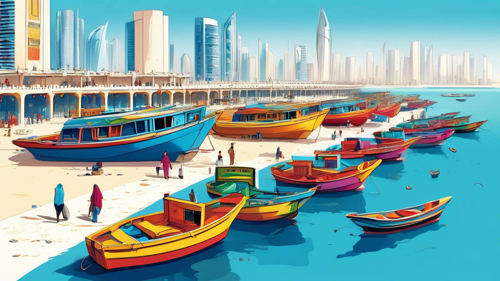 An array of colorful boats lined up along the shoreline in Doha, Qatar, with a visible registration service booth bustling with activity under a clear blue sky.