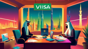 An elegant office with a travel agent assisting a couple, surrounded by brochures of Saudi landmarks and a glowing computer screen displaying visa application forms.