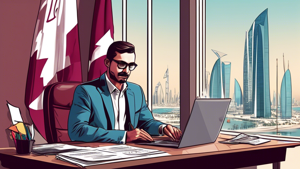 An illustration of an American expatriate in Qatar, sitting at a desk with a laptop, surrounded by US and Qatari flags, with documents showing both US and Qatar tax forms, in a modern apartment overlo