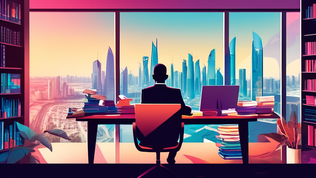 An illustration of a person sitting at a desk with a laptop in a modern office in Doha, Qatar, surrounded by books and documents on US tax law, with a view of the Doha skyline through the window.