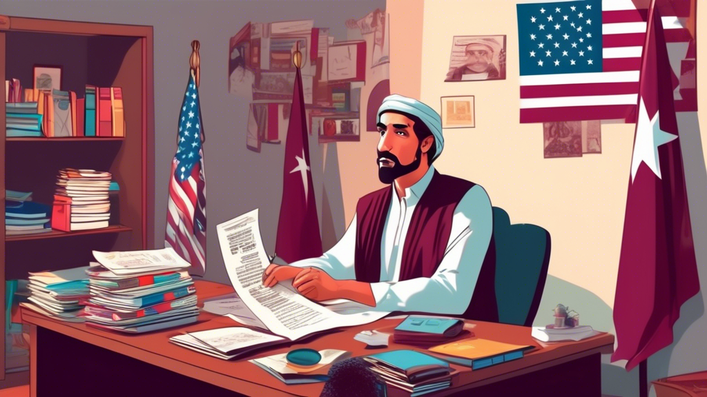 An illustration of a perplexed American expatriate sitting at a desk in a Qatari-style room, surrounded by US and Qatari flags, looking at paperwork labeled 'US Tax Forms' with books about Qatari cult