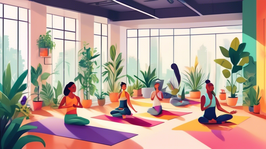 A vibrant, modern office setting with diverse employees engaging in a yoga session during a wellness break, surrounded by indoor plants and natural light.
