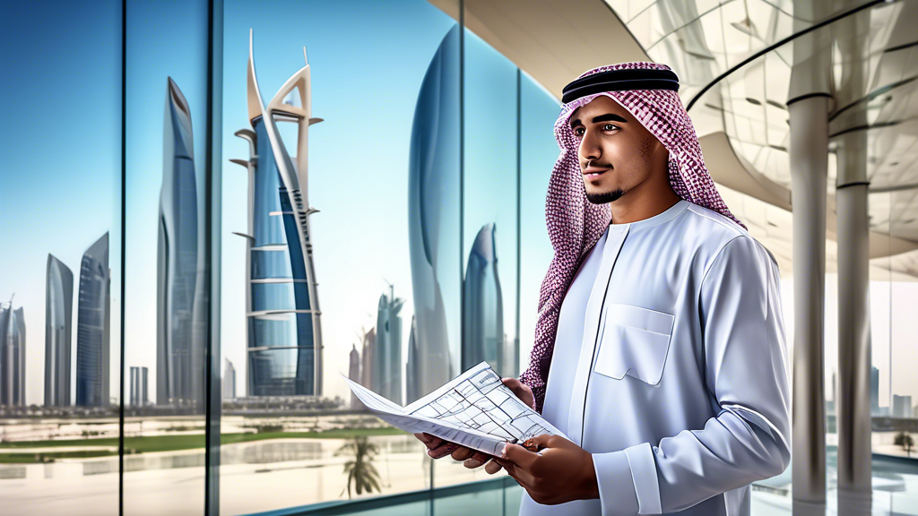 A digitally painted image of a young entrepreneur in traditional Qatari attire, standing outside a modern, glass-fronted office building in Doha, Qatar. Th