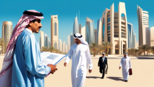 An experienced mandoob or PRO, wearing traditional Qatari dress, helping a foreign businessman navigate paperwork and cityscape in Doha, Qatar, with modern and traditional architecture in the backgrou