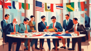 An elegant, modern office setting with a diverse group of officials in suits, carefully reviewing and stamping documents with 'MOFA Attestation' seals, surrounded by flags representing various countri