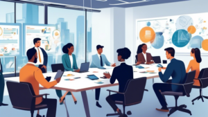 An illustrated scene in a modern office, showing a diverse group of people wearing business attire, sitting around a conference table. They are engaging with each other using various translation techn