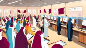 An illustration of a busy document authentication office in Qatar, featuring a diverse group of people waiting with academic certificates, interacting with officials at counters, with Qatari flags and