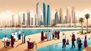 Create a detailed illustration of a bustling staffing agency in Qatar, showcasing a modern office setting with diverse professional staff engaging in interviews, reviewing resumes, and coordinating st