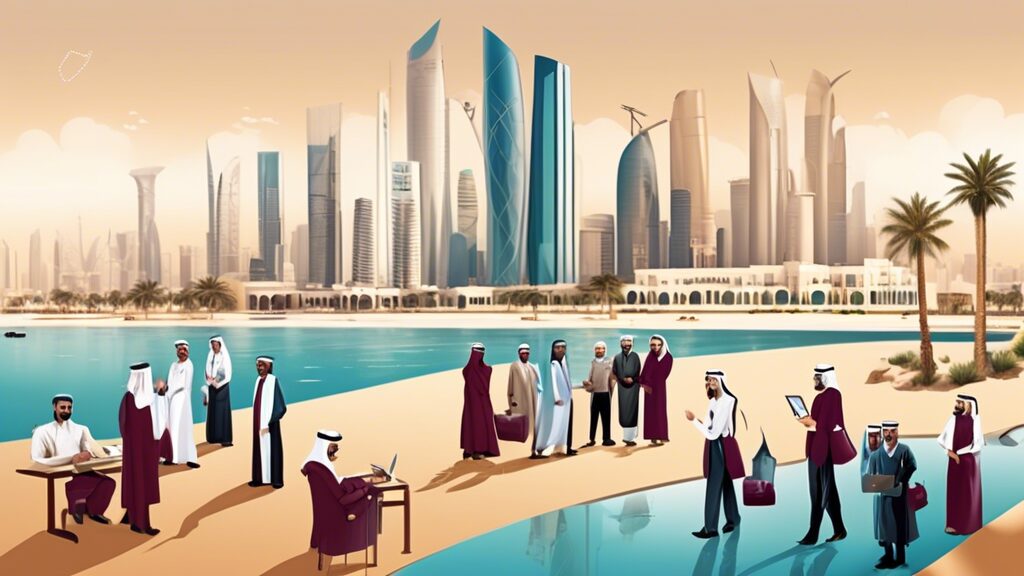 Create a detailed illustration of a bustling staffing agency in Qatar, showcasing a modern office setting with diverse professional staff engaging in interviews, reviewing resumes, and coordinating st