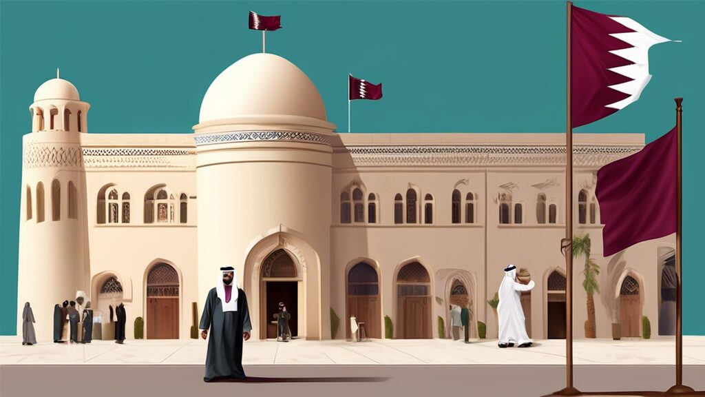 Create a professional illustration that depicts the process of obtaining a business or trade license in Qatar. The image should feature key elements such as government buildings, a businessperson fill