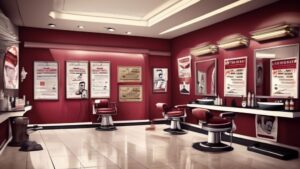 An image of a barber shop in Qatar showcasing a license certificate prominently displayed on a wall.