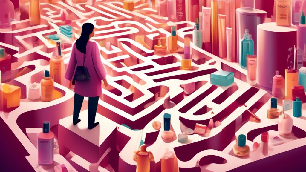 Create an image of a person carefully navigating through a maze filled with beauty products and regulatory documents in Qatar. The person appears focused a