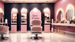 Create an image of a modern and stylish beauty parlor setup in Qatar, featuring elegant decor, comfortable salon chairs, a chic reception area, and a range