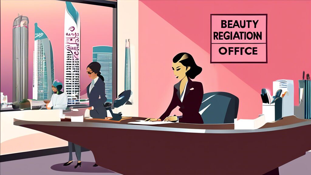 Create an image of a person filling out paperwork at a desk with a sign that reads Beauty Salon Registration Office - Qatar in the background. The person s