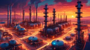 An expansive aerial view of a bustling oil refinery at sunset, with high-tech drones monitoring the infrastructure, set in a futuristic Middle Eastern landscape dominated by traditional and modern arc