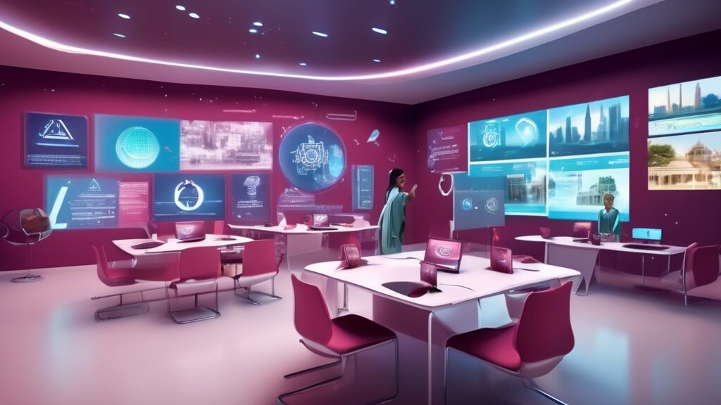 Create an image showcasing a futuristic classroom where Qatari students engage with state-of-the-art e-learning platforms. The setting is a high-tech room