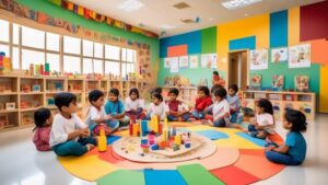 A vibrant and colorful early childhood education center in Qatar, filled with happy children engaged in various learning activities. The scene captures a g