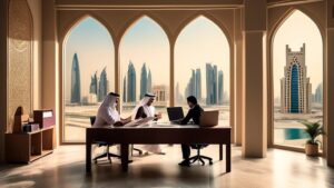 Create an image of a contemporary office environment in Qatar, showcasing a diverse group of professionals working on educational business registration doc