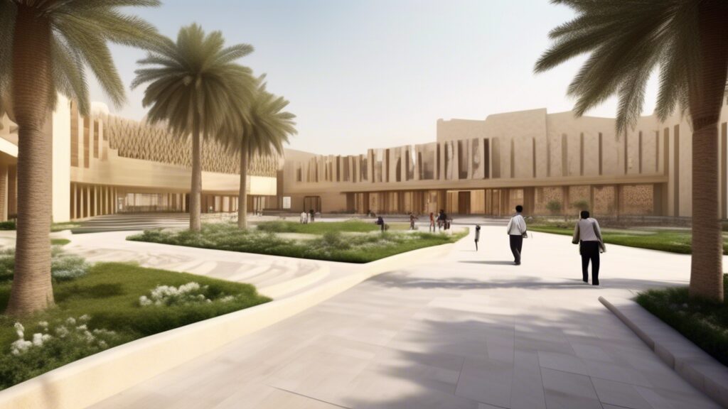 Create an image of a modern educational facility in Qatar, showcasing a blend of traditional Qatari architecture with contemporary design elements. The bui