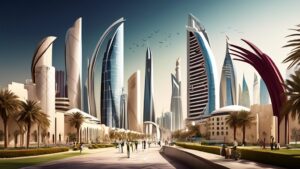 Create an image depicting the dynamic growth of the education sector in Qatar, featuring a city skyline with modern educational institutions and futuristic