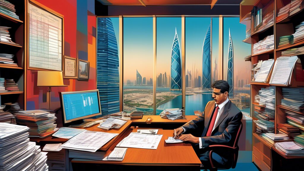 An intricate digital painting depicting a busy financial advisor's office in Bahrain, with detailed elements showing a stack of business permit documents, a computer displaying a spreadsheet of costs,