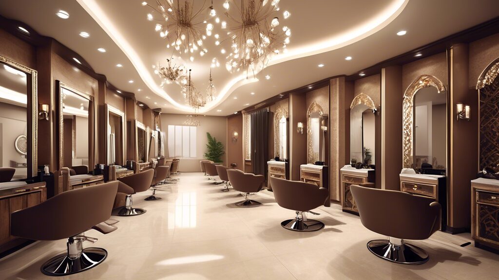 Create an image of a modern and stylish hair salon interior in Qatar, showcasing luxurious decorations, comfortable seating, trendy hair styling stations,